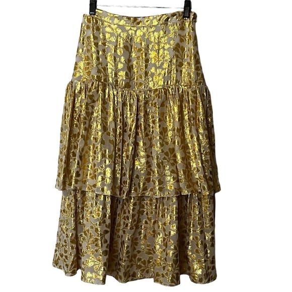PALOMA BLUE Eden Layered Tiered Ruffled Metallic Fil Coupé Silk blend Skirt Gold - Picture 3 of 15